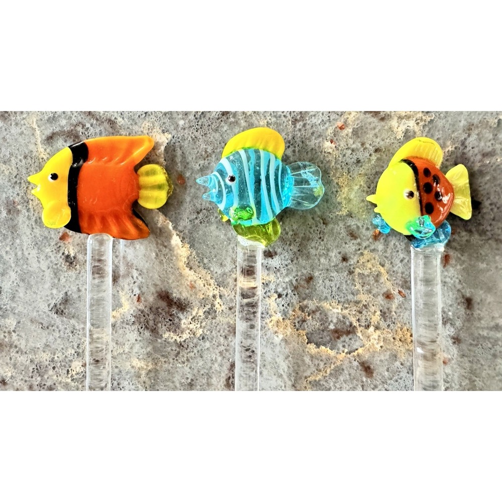 Swizzle Sticks Tropical Fish Hand Blown Art Glass Neon Cocktail Set 3